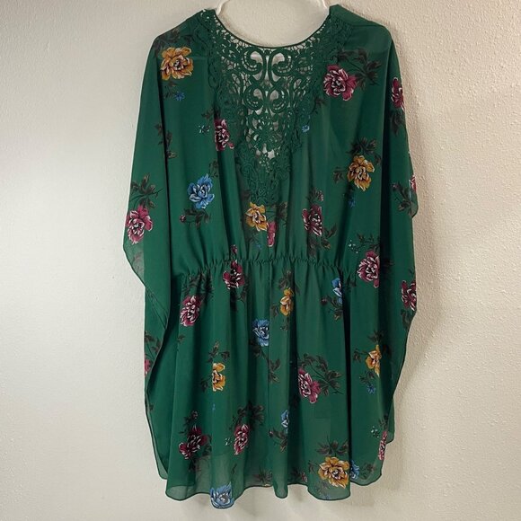 Floral Green Sheer Kimono Cardigan With Lace Back & Tie Waist - Picture 3 of 13